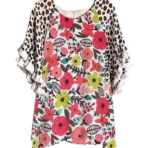 New Lace Ruffle Sleeves Crew Neck Print Colorblock Women's Loose T-Shirt - Picture 3 of 5